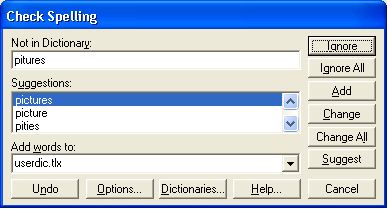 Spell check dialog. Sentry includes built-in dialogs for spellchecking, option setting, and user-dictionary editing.