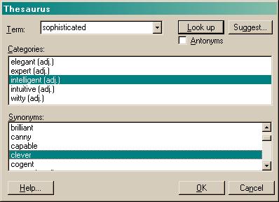 Thesaurus dialog showing synoym look-up. The thesaurus dialog can be easily displayed from Visual Basic, MFC, Delphi, C, and C++ applications.